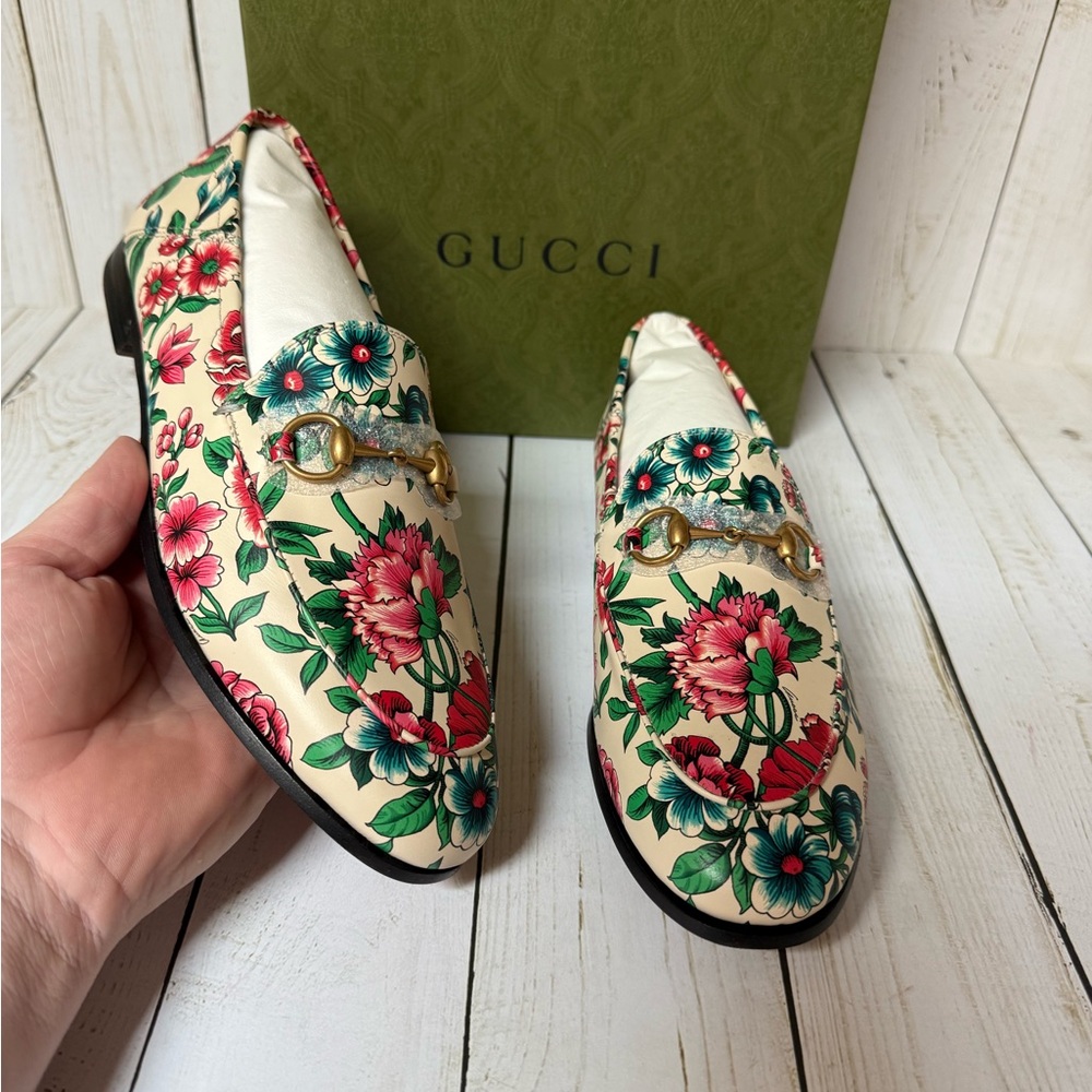 Gucci Floral Print Leather Horsebit Jordaan Loafer Multicolor Sz 37 / 7 - Picture 6 of 15